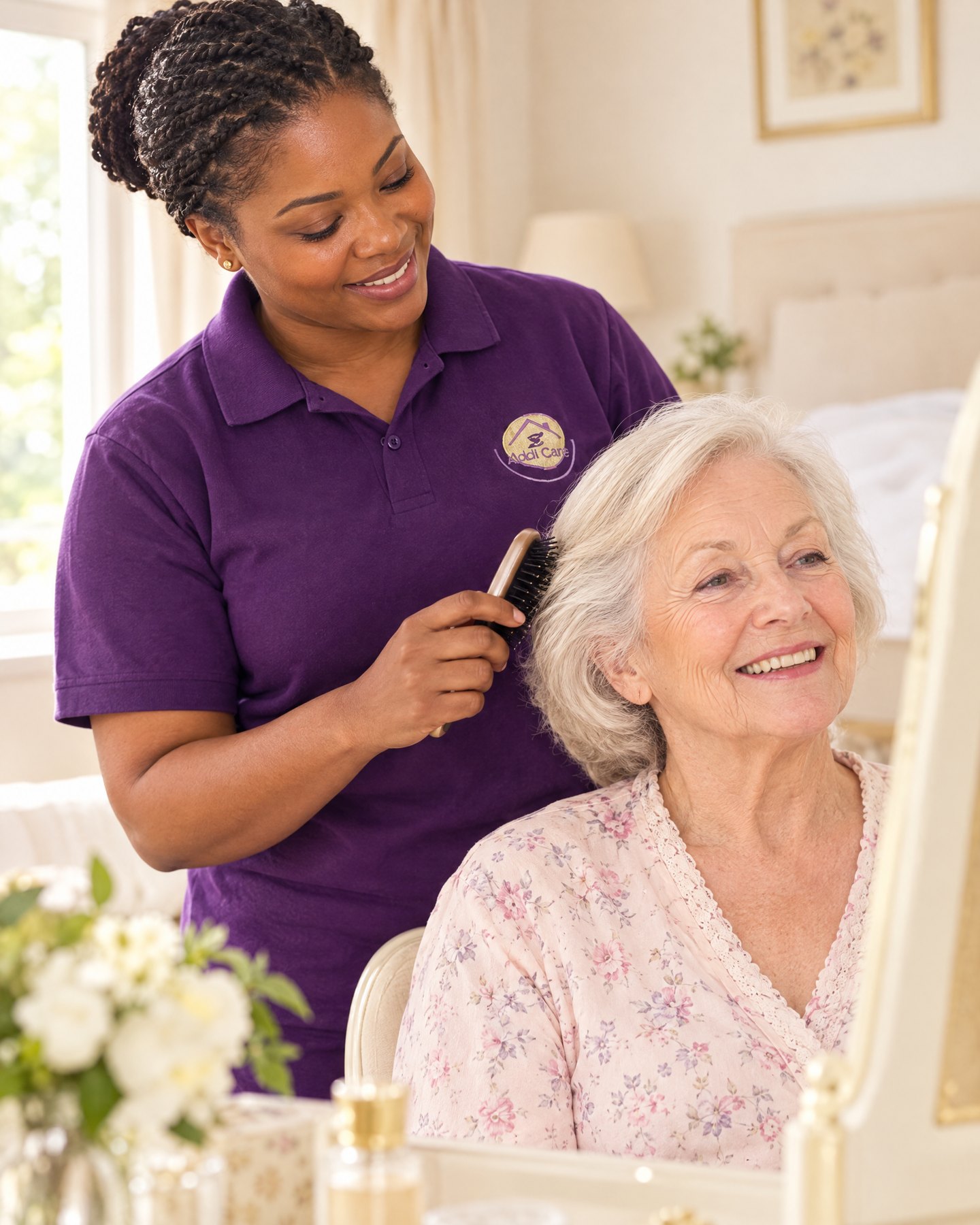 AddiCare carer in the purple AddiCare uniform helping an older woman with grooming at home in Chesterfield