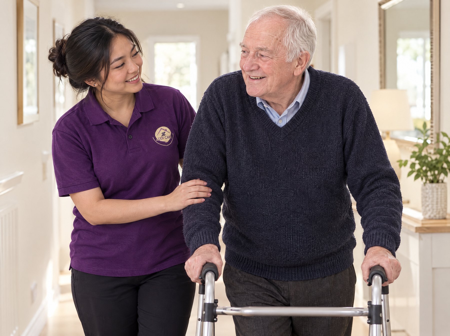 AddiCare carer in the purple AddiCare uniform supporting an older man walking with a mobility frame